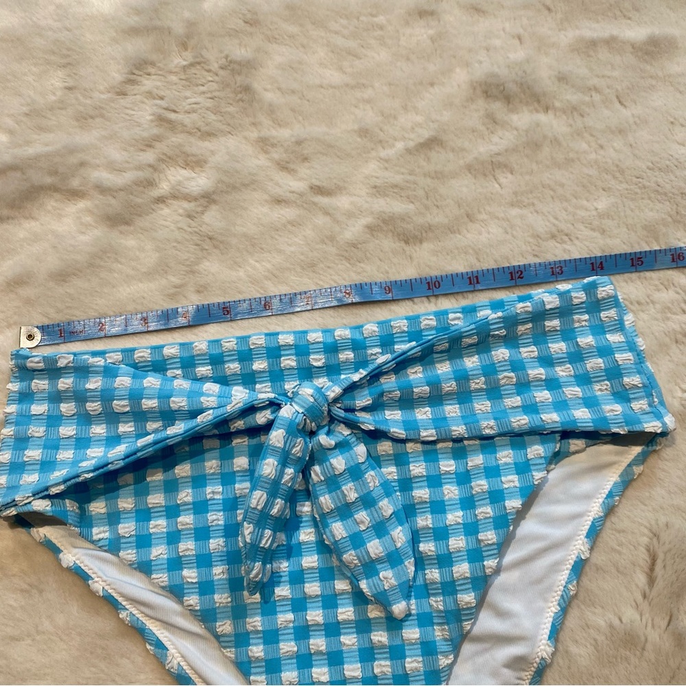 (L) aerie High Cut Cheeky Bikini Bottoms Large Blue White Gingham Tie Waist - Picture 2 of 9